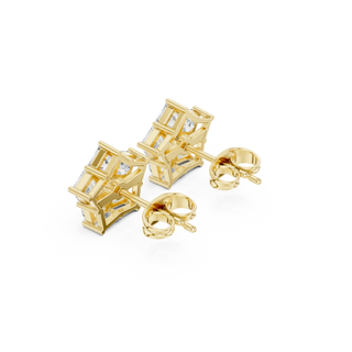 Pair-Shot: Emerald Cut Diamond Earrings with Bezel Setting in 14k Yellow Gold - Lab Grown - Driona Jewels