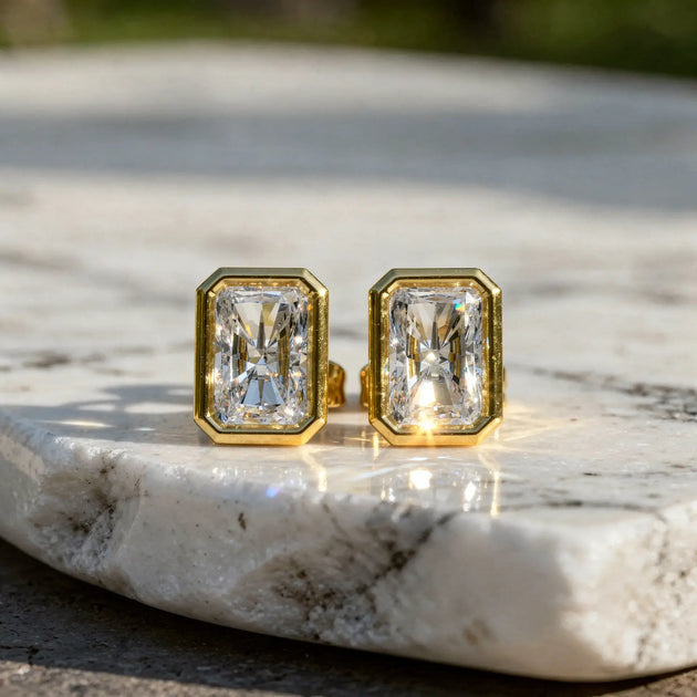 Pair Shot: Emerald Cut Diamond Earrings with Bezel Setting in 14k Yellow Gold - Lab Grown - Driona Jewels