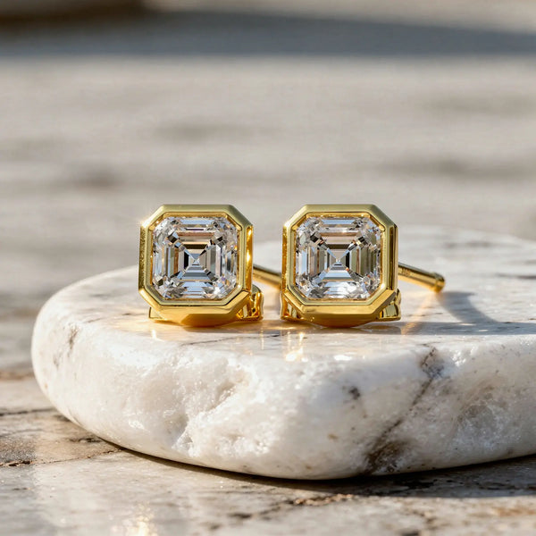 Pair Shot: Emerald Cut Diamond Earrings with Bezel Setting in 14k Yellow Gold - Lab Grown - Driona Jewels