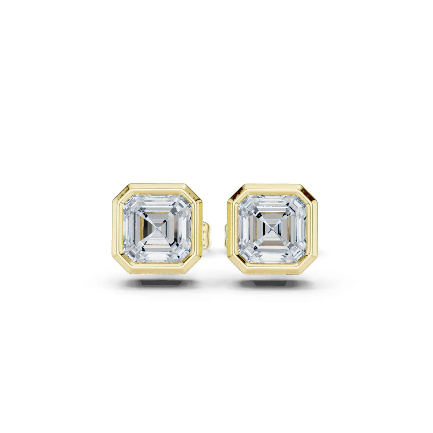 Pair Shot: Emerald Cut Diamond Earrings with Bezel Setting in 14k Yellow Gold - Lab Grown - Driona Jewels