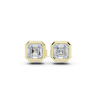 Pair Shot: Emerald Cut Diamond Earrings with Bezel Setting in 14k Yellow Gold - Lab Grown - Driona Jewels