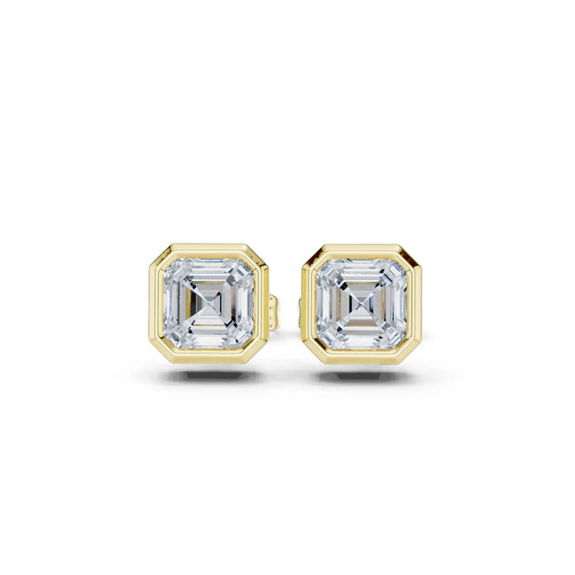 Pair Shot: Emerald Cut Diamond Earrings with Bezel Setting in 14k Yellow Gold - Lab Grown - Driona Jewels