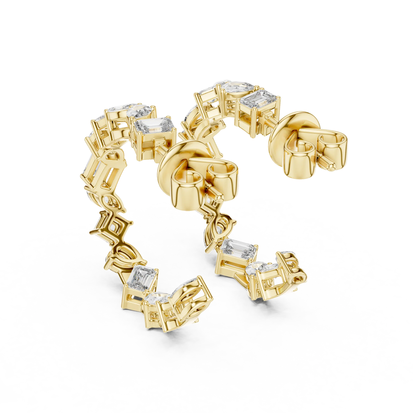 Three-quarter View: Emerald Cut Diamond Earrings with Bezel Setting in 14k Yellow Gold - Lab Grown - Driona Jewels
