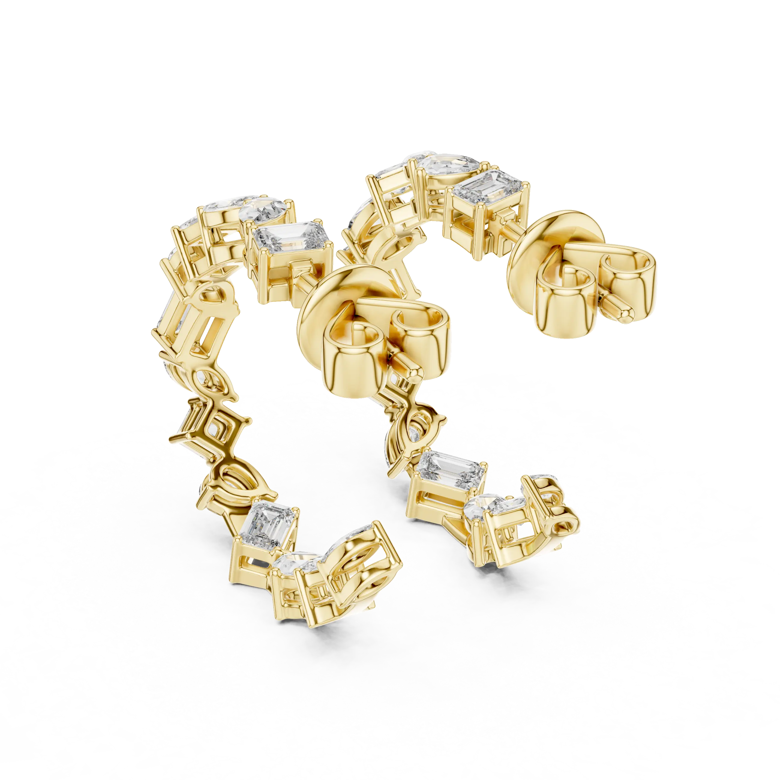 Three-quarter View: Emerald Cut Diamond Earrings with Bezel Setting in 14k Yellow Gold - Lab Grown - Driona Jewels