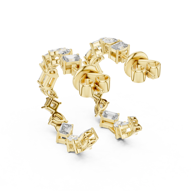 Three-quarter View: Emerald Cut Diamond Earrings with Bezel Setting in 14k Yellow Gold - Lab Grown - Driona Jewels