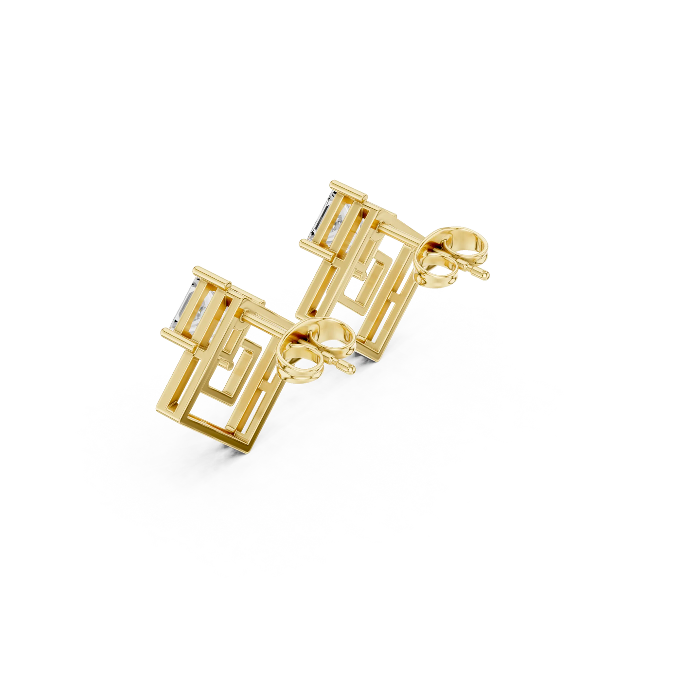 Three-quarter View: Emerald Cut Diamond Earrings with Bezel Setting in 14k Yellow Gold - Lab Grown - Driona Jewels