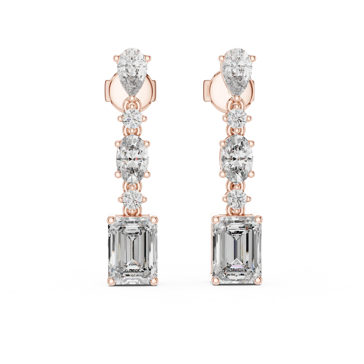 Pair Shot: Emerald Cut Diamond Earrings with Drop Setting in 14k Rose Gold - Lab Grown - Driona Jewels