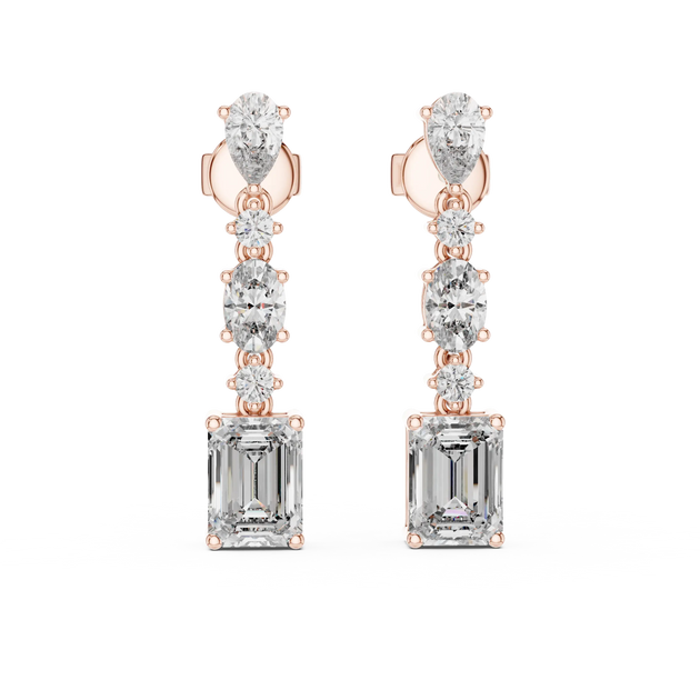 Pair Shot: Emerald Cut Diamond Earrings with Drop Setting in 14k Rose Gold - Lab Grown - Driona Jewels