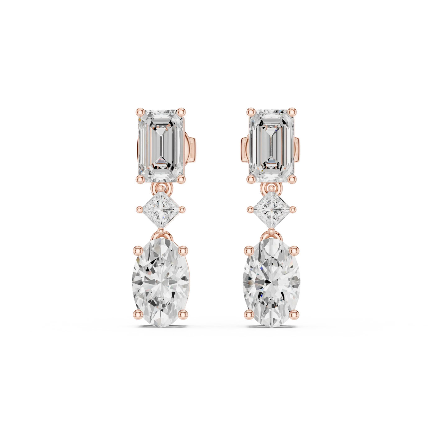 Pair Shot: Emerald Cut Diamond Earrings with Drop Setting in 14k Rose Gold - Lab Grown - Driona Jewels