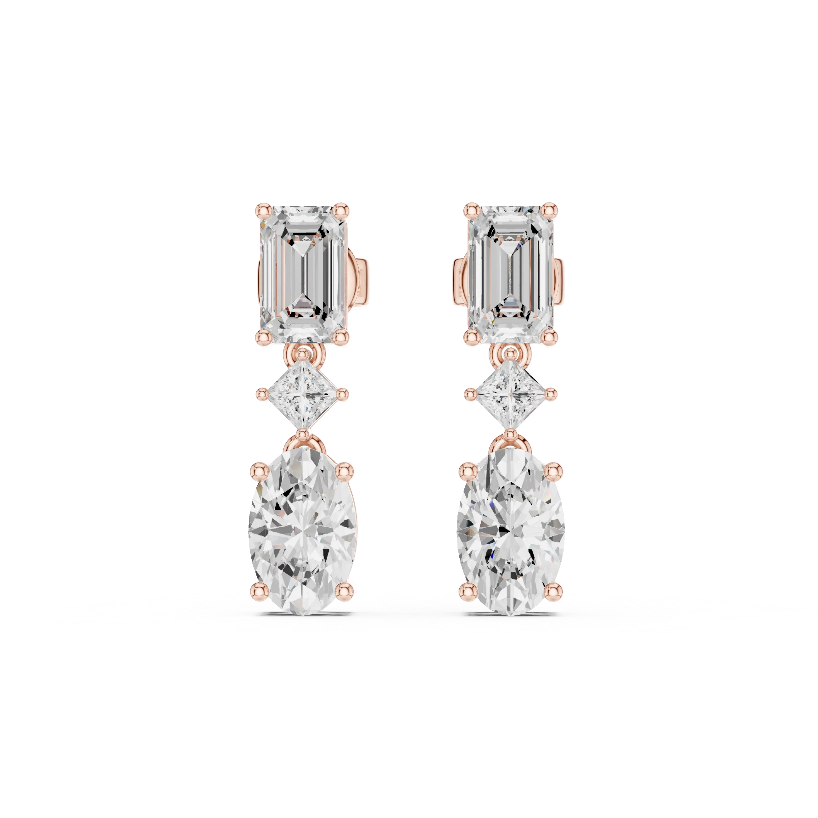 Pair Shot: Emerald Cut Diamond Earrings with Drop Setting in 14k Rose Gold - Lab Grown - Driona Jewels