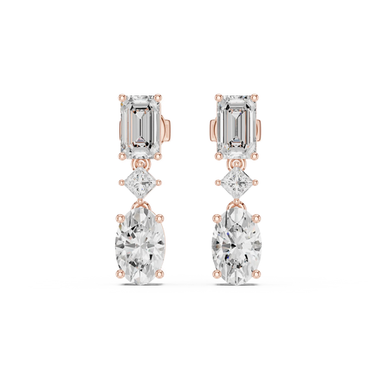 Pair Shot: Emerald Cut Diamond Earrings with Drop Setting in 14k Rose Gold - Lab Grown - Driona Jewels