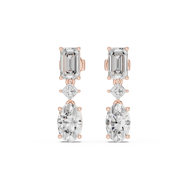 Pair Shot: Emerald Cut Diamond Earrings with Drop Setting in 14k Rose Gold - Lab Grown - Driona Jewels
