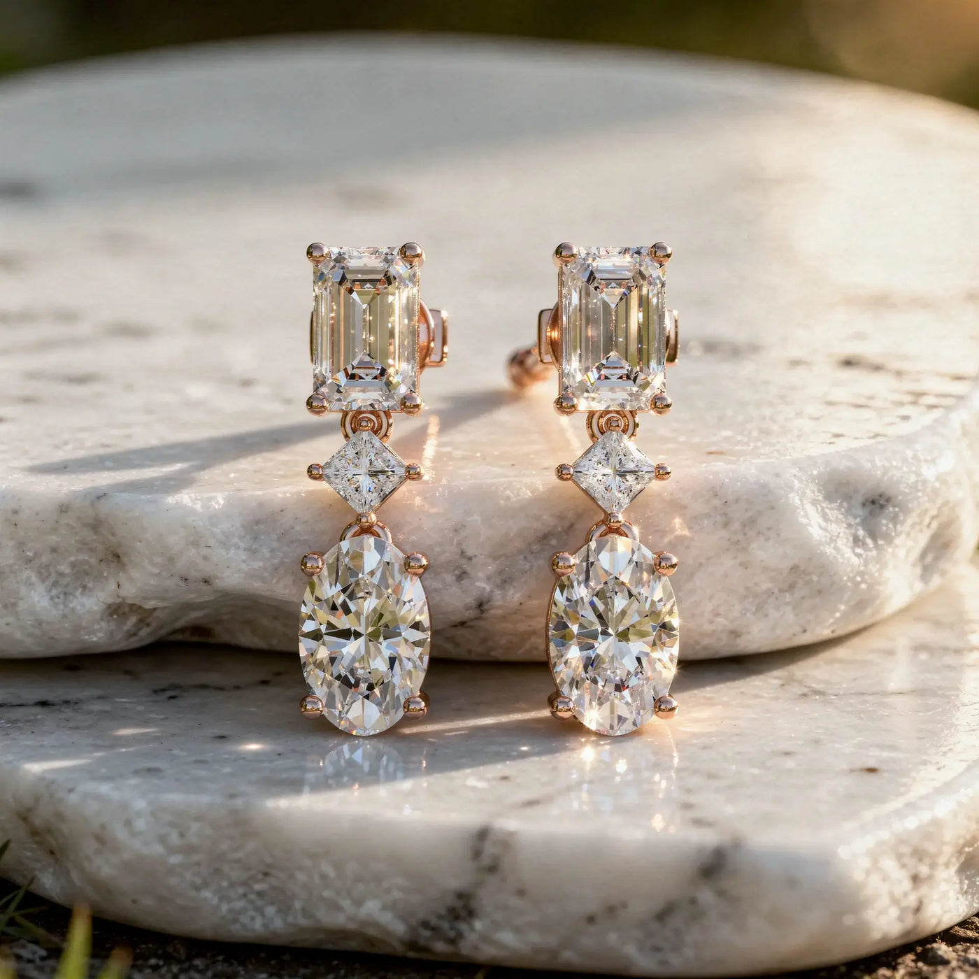 Pair-Shot: Emerald Cut Diamond Earrings with Drop Setting in 14k Rose Gold - Lab Grown - Driona Jewels