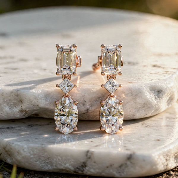 Pair-Shot: Emerald Cut Diamond Earrings with Drop Setting in 14k Rose Gold - Lab Grown - Driona Jewels