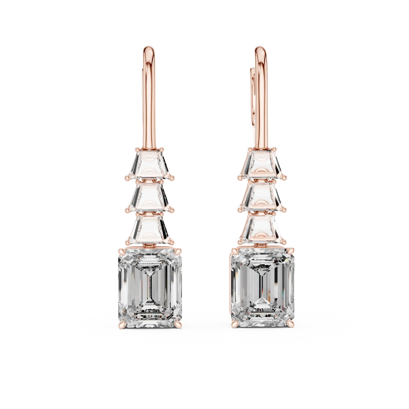 Pair-Shot: Emerald Cut Diamond Earrings with Drop Setting in 14k Rose Gold - Lab Grown - Driona Jewels