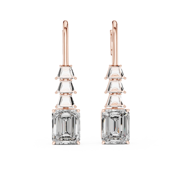 Pair-Shot: Emerald Cut Diamond Earrings with Drop Setting in 14k Rose Gold - Lab Grown - Driona Jewels