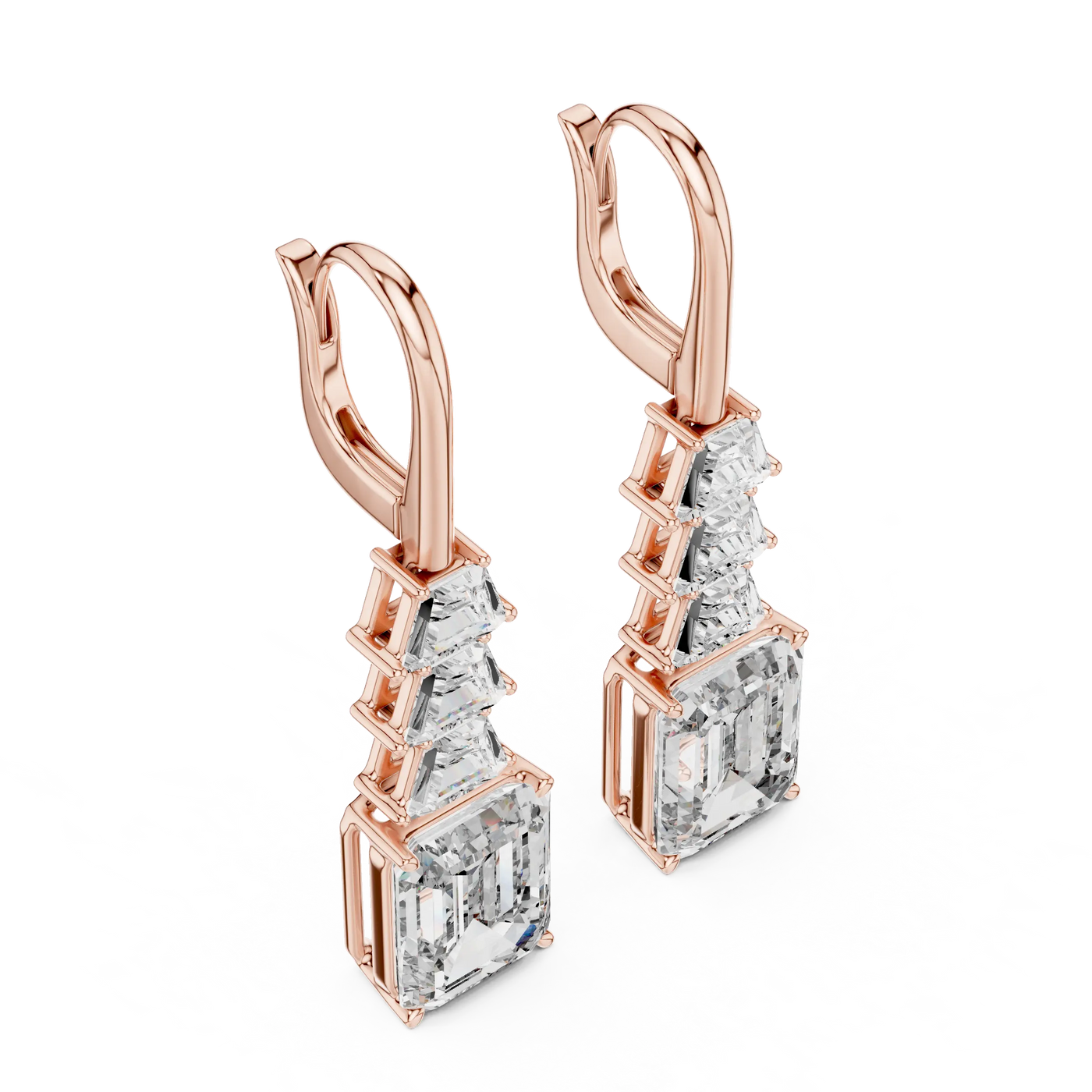 Pair-Shot: Emerald Cut Diamond Earrings with Drop Setting in 14k Rose Gold - Lab Grown - Driona Jewels
