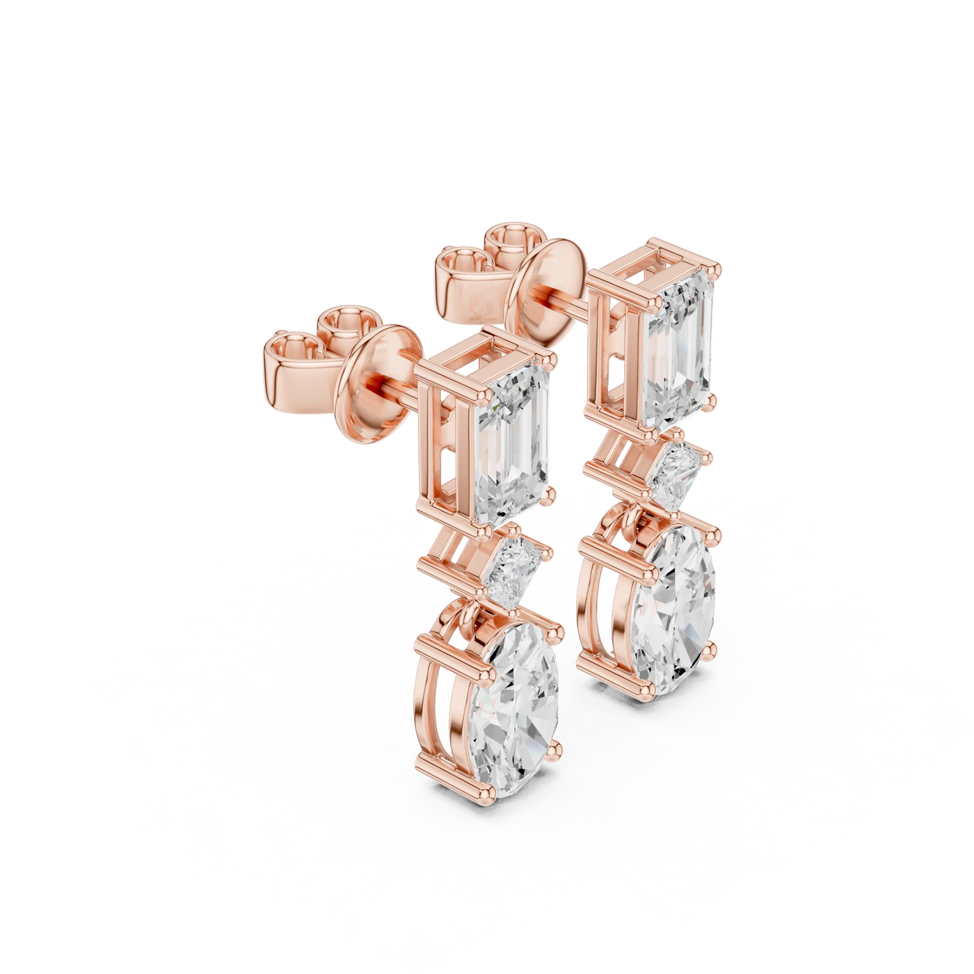 Pair-Shot: Emerald Cut Diamond Earrings with Drop Setting in 14k Rose Gold - Lab Grown - Driona Jewels