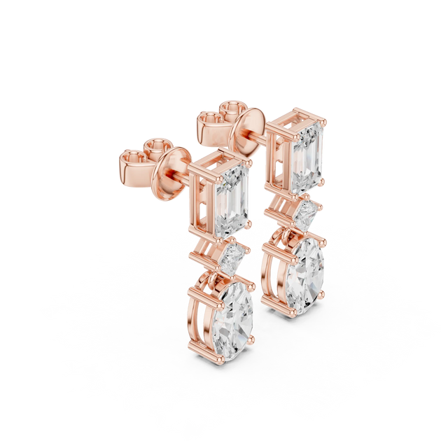 Pair-Shot: Emerald Cut Diamond Earrings with Drop Setting in 14k Rose Gold - Lab Grown - Driona Jewels