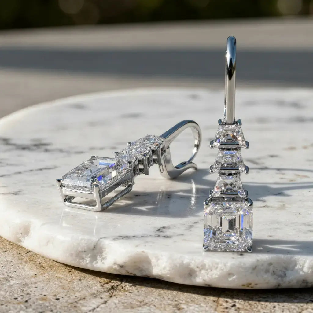 Pair Shot: Emerald Cut Diamond Earrings with Drop Setting in 14k White Gold - Lab Grown - Driona Jewels