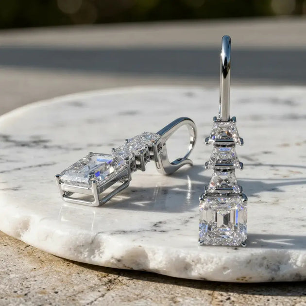 Pair Shot: Emerald Cut Diamond Earrings with Drop Setting in 14k White Gold - Lab Grown - Driona Jewels