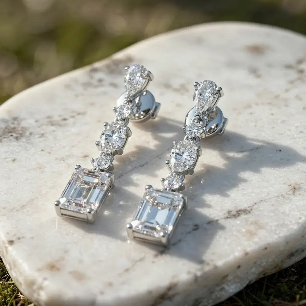 Pair Shot: Emerald Cut Diamond Earrings with Drop Setting in 14k White Gold - Lab Grown - Driona Jewels