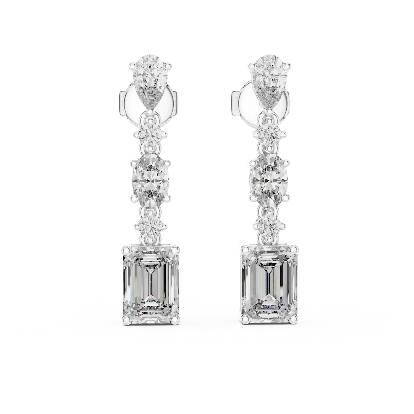 Pair-Shot: Emerald Cut Diamond Earrings with Drop Setting in 14k White Gold - Lab Grown - Driona Jewels