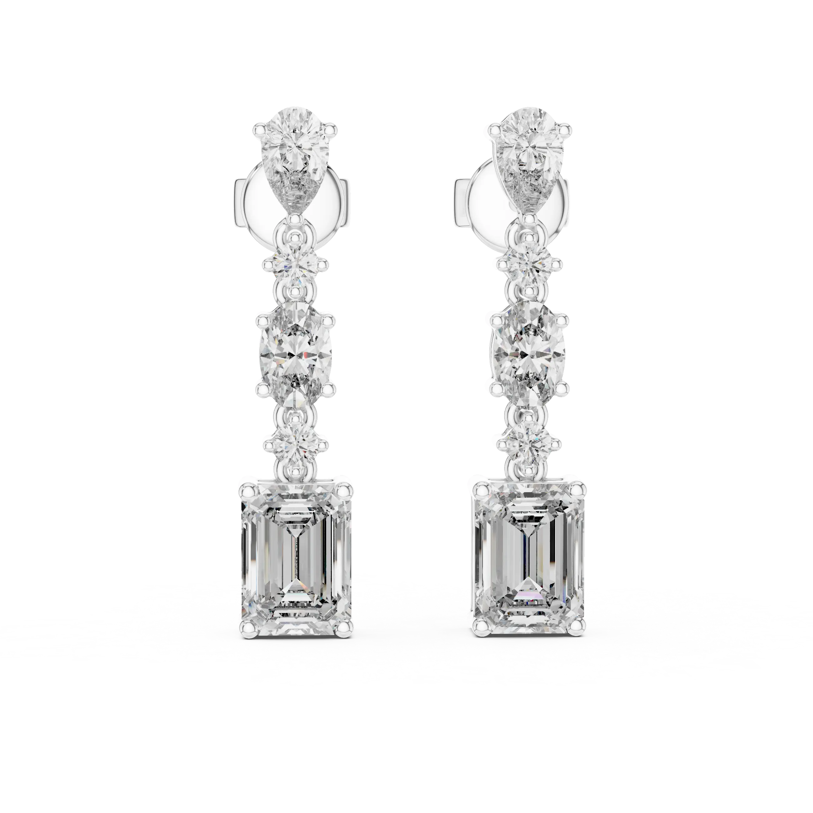Pair-Shot: Emerald Cut Diamond Earrings with Drop Setting in 14k White Gold - Lab Grown - Driona Jewels