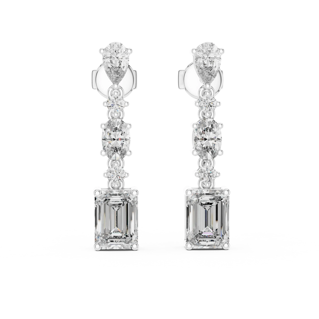 Pair-Shot: Emerald Cut Diamond Earrings with Drop Setting in 14k White Gold - Lab Grown - Driona Jewels