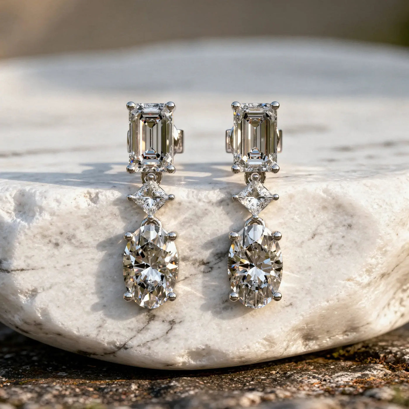 Pair Shot: Emerald Cut Diamond Earrings with Drop Setting in 14k White Gold - Lab Grown - Driona Jewels