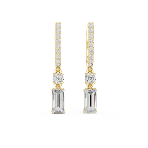 Pair Shot: Emerald Cut Diamond Earrings with Drop Setting in 14k Yellow Gold - Lab Grown - Driona Jewels