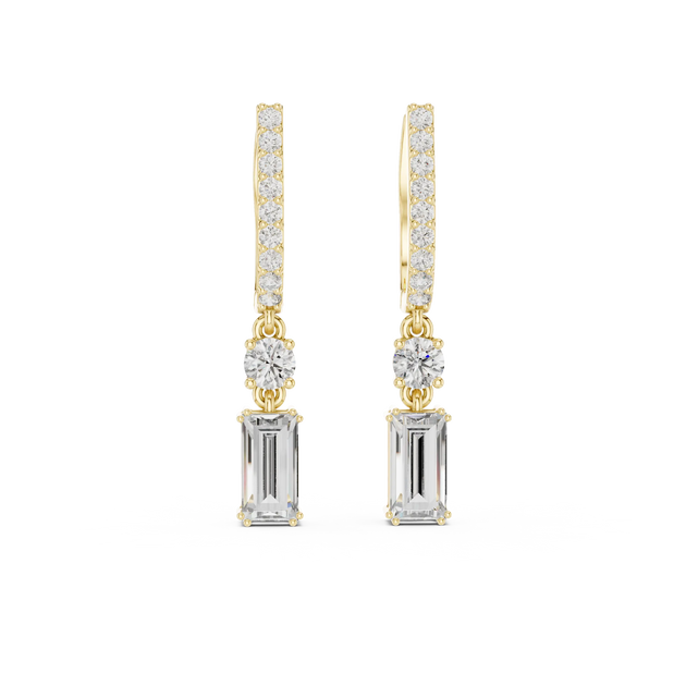 Pair Shot: Emerald Cut Diamond Earrings with Drop Setting in 14k Yellow Gold - Lab Grown - Driona Jewels