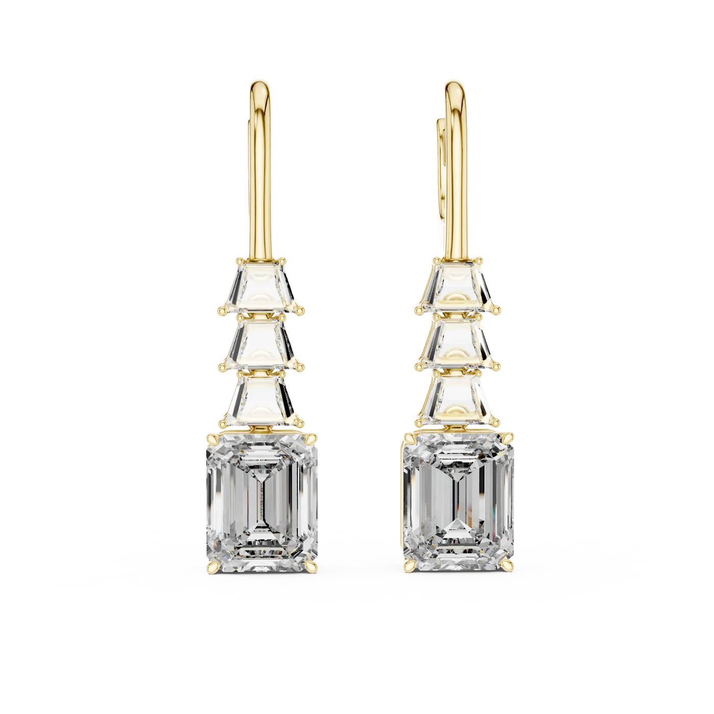 Pair Shot: Emerald Cut Diamond Earrings with Drop Setting in 14k Yellow Gold - Lab Grown - Driona Jewels