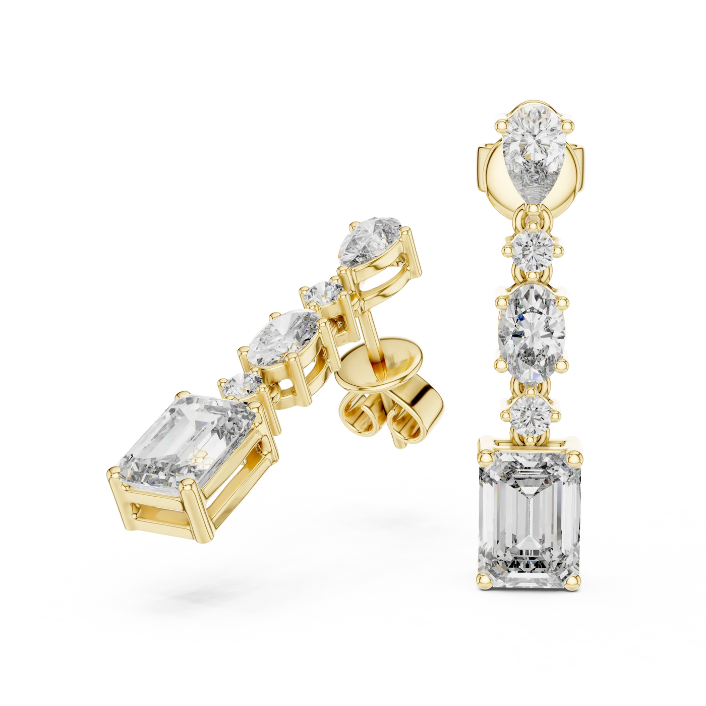 Pair Shot: Emerald Cut Diamond Earrings with Drop Setting in 14k Yellow Gold - Lab Grown - Driona Jewels
