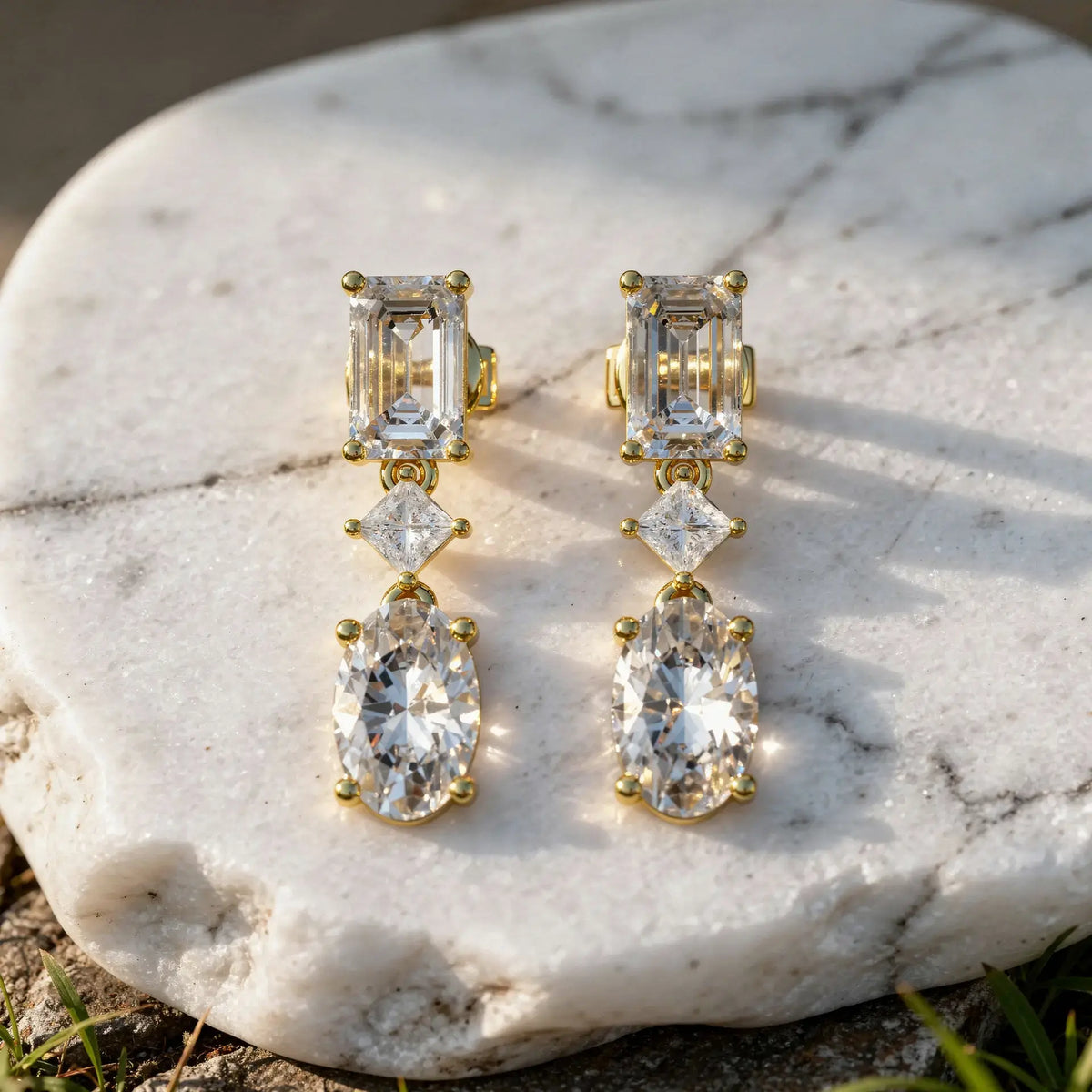 Pair Shot: Emerald Cut Diamond Earrings with Drop Setting in 14k Yellow Gold - Lab Grown - Driona Jewels
