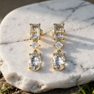 Pair Shot: Emerald Cut Diamond Earrings with Drop Setting in 14k Yellow Gold - Lab Grown - Driona Jewels
