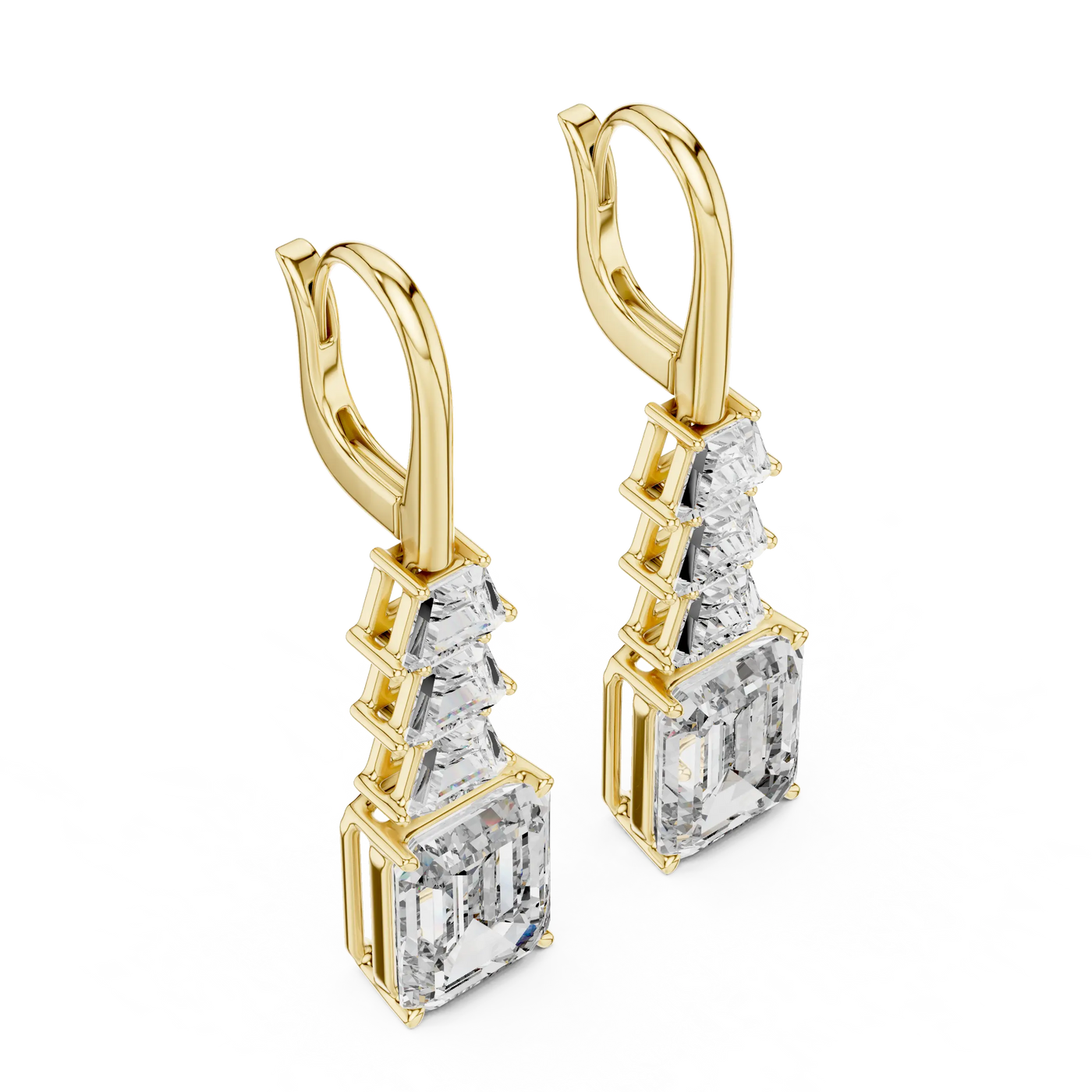 Pair Shot: Emerald Cut Diamond Earrings with Drop Setting in 14k Yellow Gold - Lab Grown - Driona Jewels