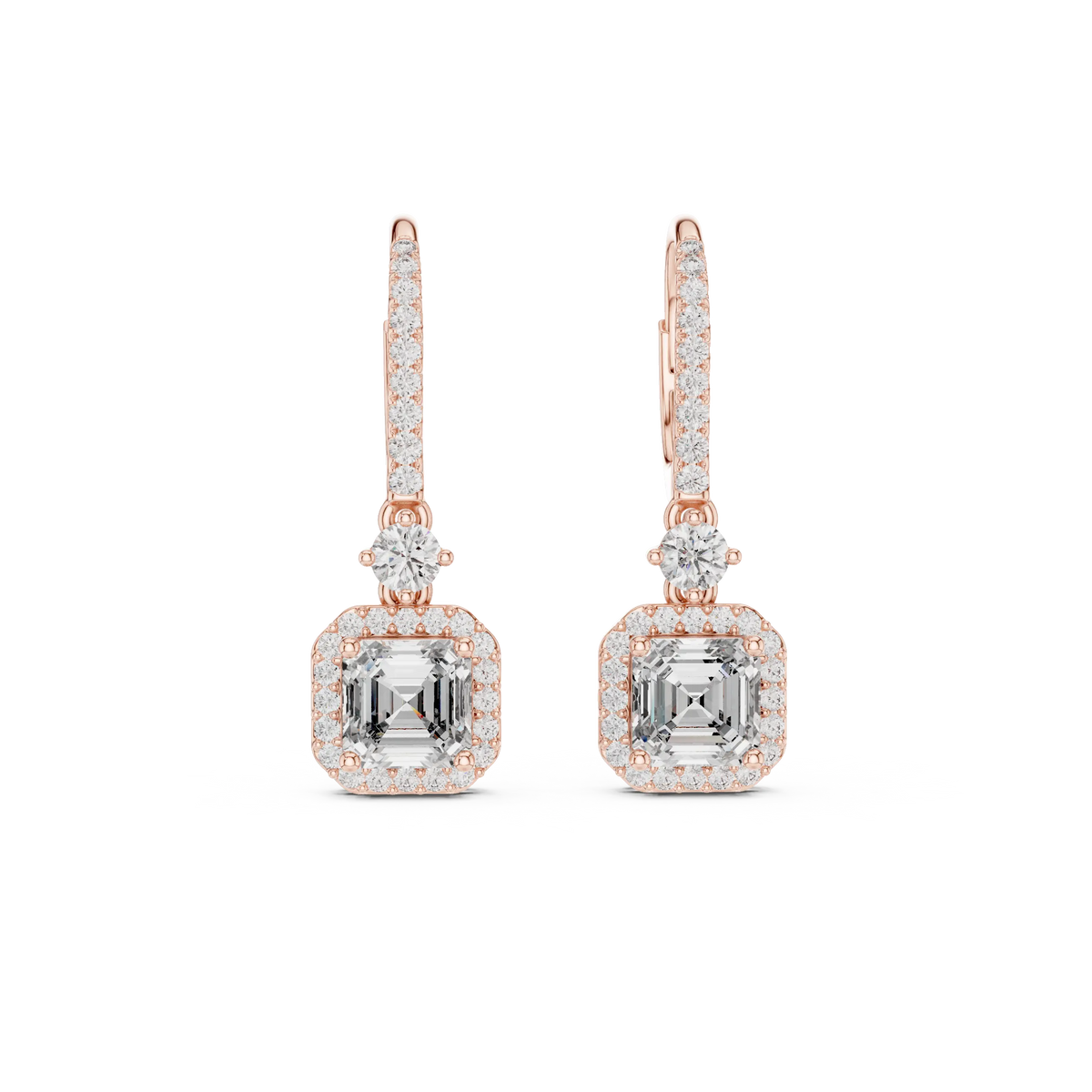 Pair Shot: Emerald Cut Diamond Earrings with Halo Setting in 14k Rose Gold - Lab Grown - Driona Jewels