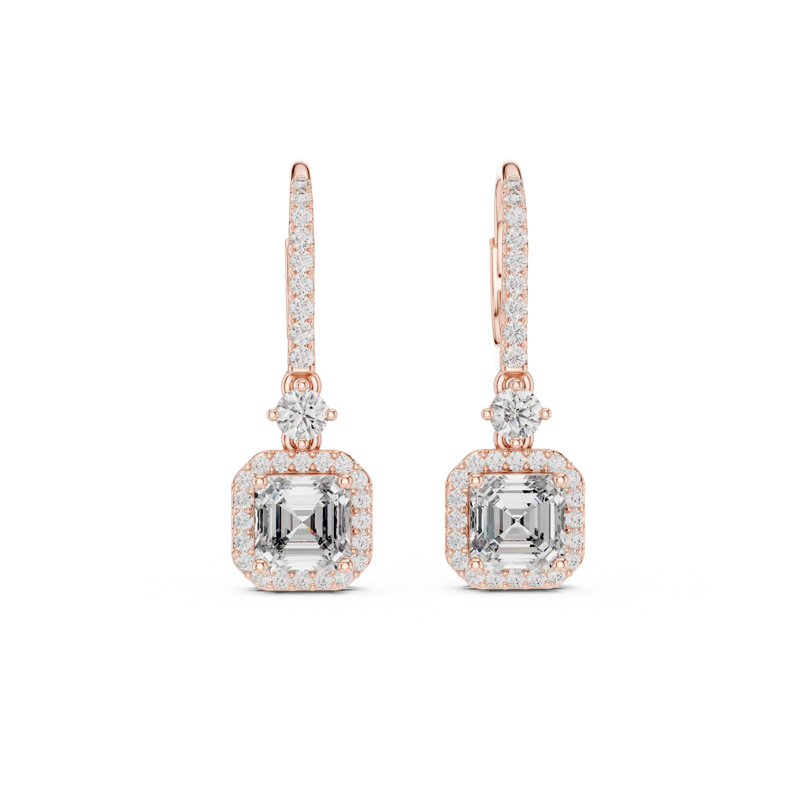 Pair Shot: Emerald Cut Diamond Earrings with Halo Setting in 14k Rose Gold - Lab Grown - Driona Jewels
