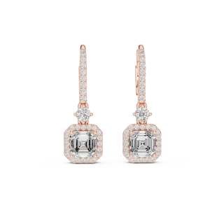 Pair Shot: Emerald Cut Diamond Earrings with Halo Setting in 14k Rose Gold - Lab Grown - Driona Jewels