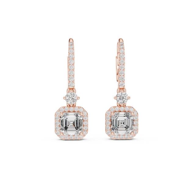 Pair Shot: Emerald Cut Diamond Earrings with Halo Setting in 14k Rose Gold - Lab Grown - Driona Jewels