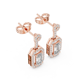 Pair Shot: Emerald Cut Diamond Earrings with Halo Setting in 14k Rose Gold - Lab Grown - Driona Jewels