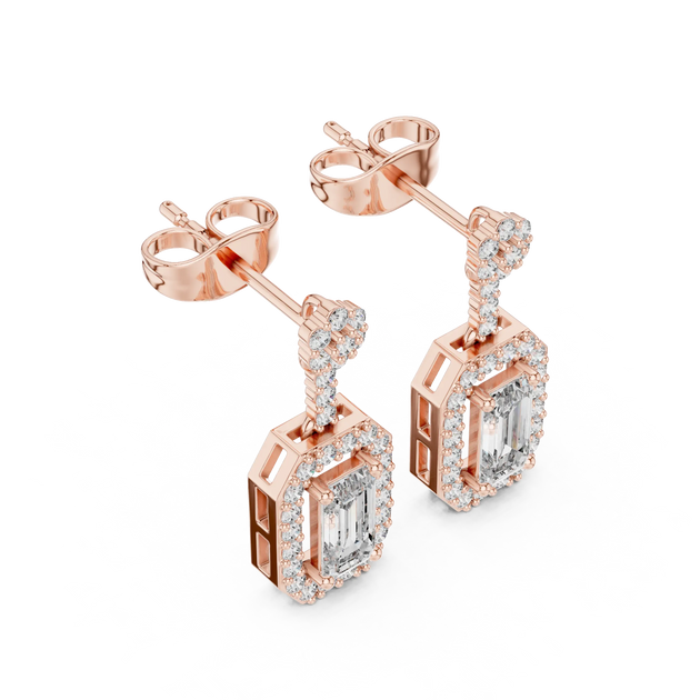 Pair Shot: Emerald Cut Diamond Earrings with Halo Setting in 14k Rose Gold - Lab Grown - Driona Jewels