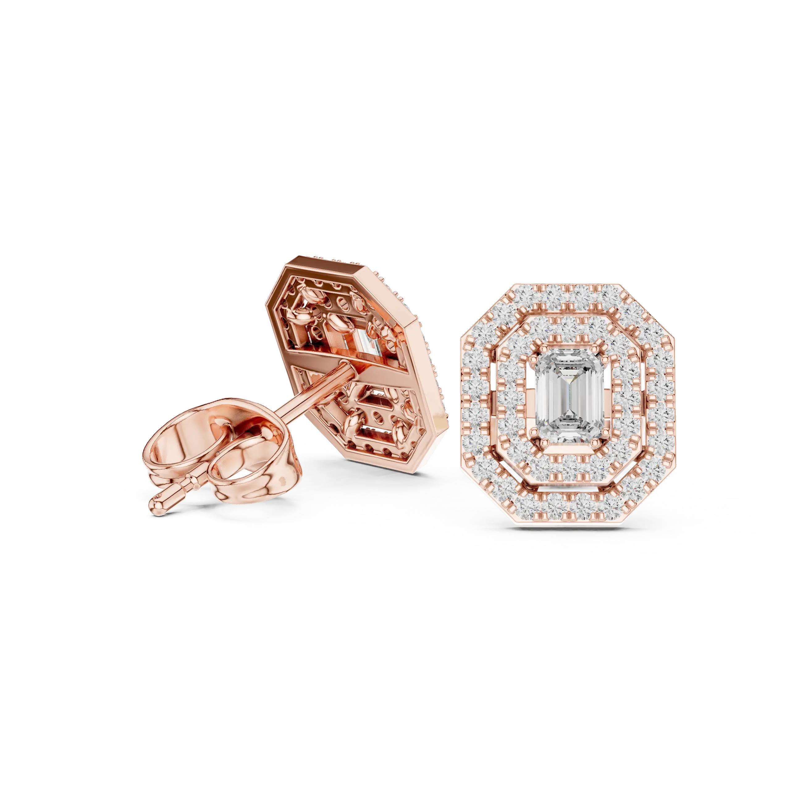 Pair Shot: Emerald Cut Diamond Earrings with Halo Setting in 14k Rose Gold - Lab Grown - Driona Jewels