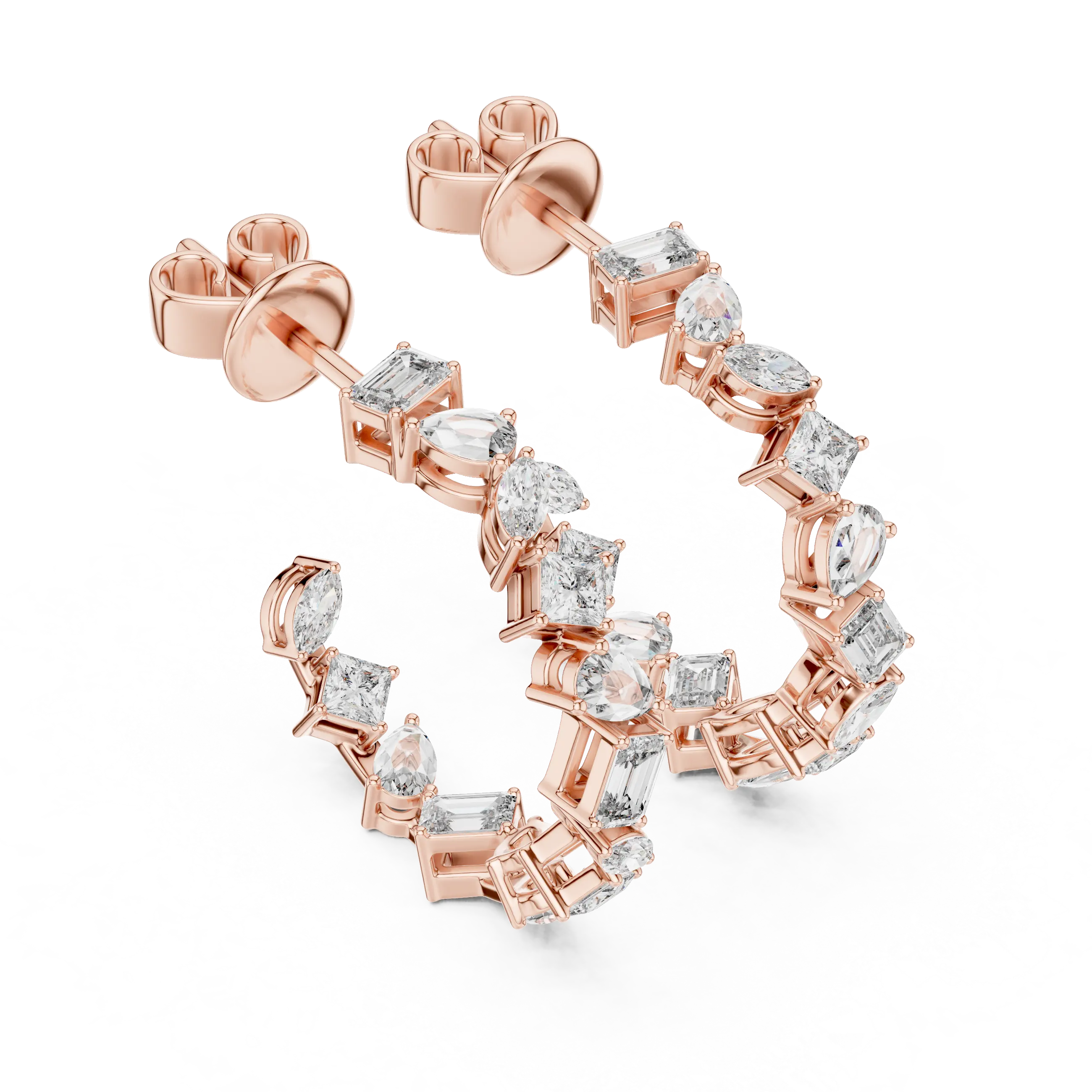 Pair Shot: Emerald Cut Diamond Earrings with Halo Setting in 14k Rose Gold - Lab Grown - Driona Jewels