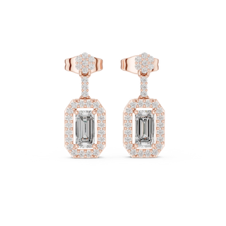 Pair Shot: Emerald Cut Diamond Earrings with Halo Setting in 14k Rose Gold - Lab Grown - Driona Jewels