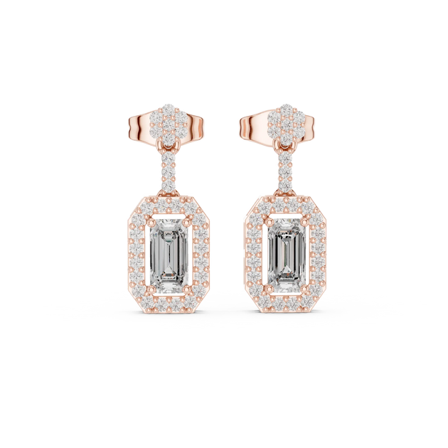 Pair Shot: Emerald Cut Diamond Earrings with Halo Setting in 14k Rose Gold - Lab Grown - Driona Jewels