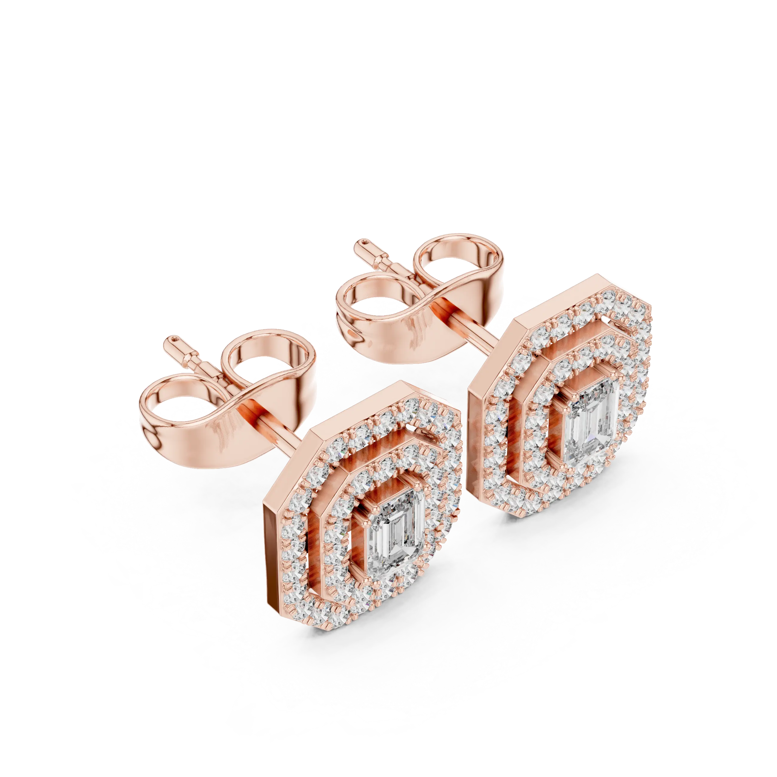 Pair Shot: Emerald Cut Diamond Earrings with Halo Setting in 14k Rose Gold - Lab Grown - Driona Jewels