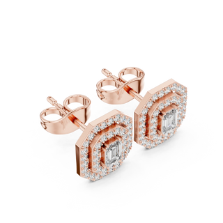 Pair Shot: Emerald Cut Diamond Earrings with Halo Setting in 14k Rose Gold - Lab Grown - Driona Jewels