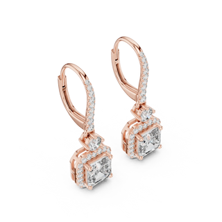 Pair Shot: Emerald Cut Diamond Earrings with Halo Setting in 14k Rose Gold - Lab Grown - Driona Jewels